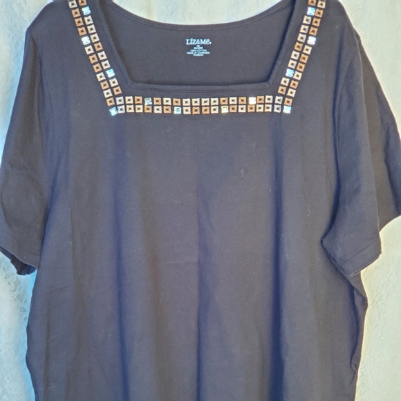 Catherines Tops - Catherines short sleeve black top square neckline gold embroidery, beads cotton